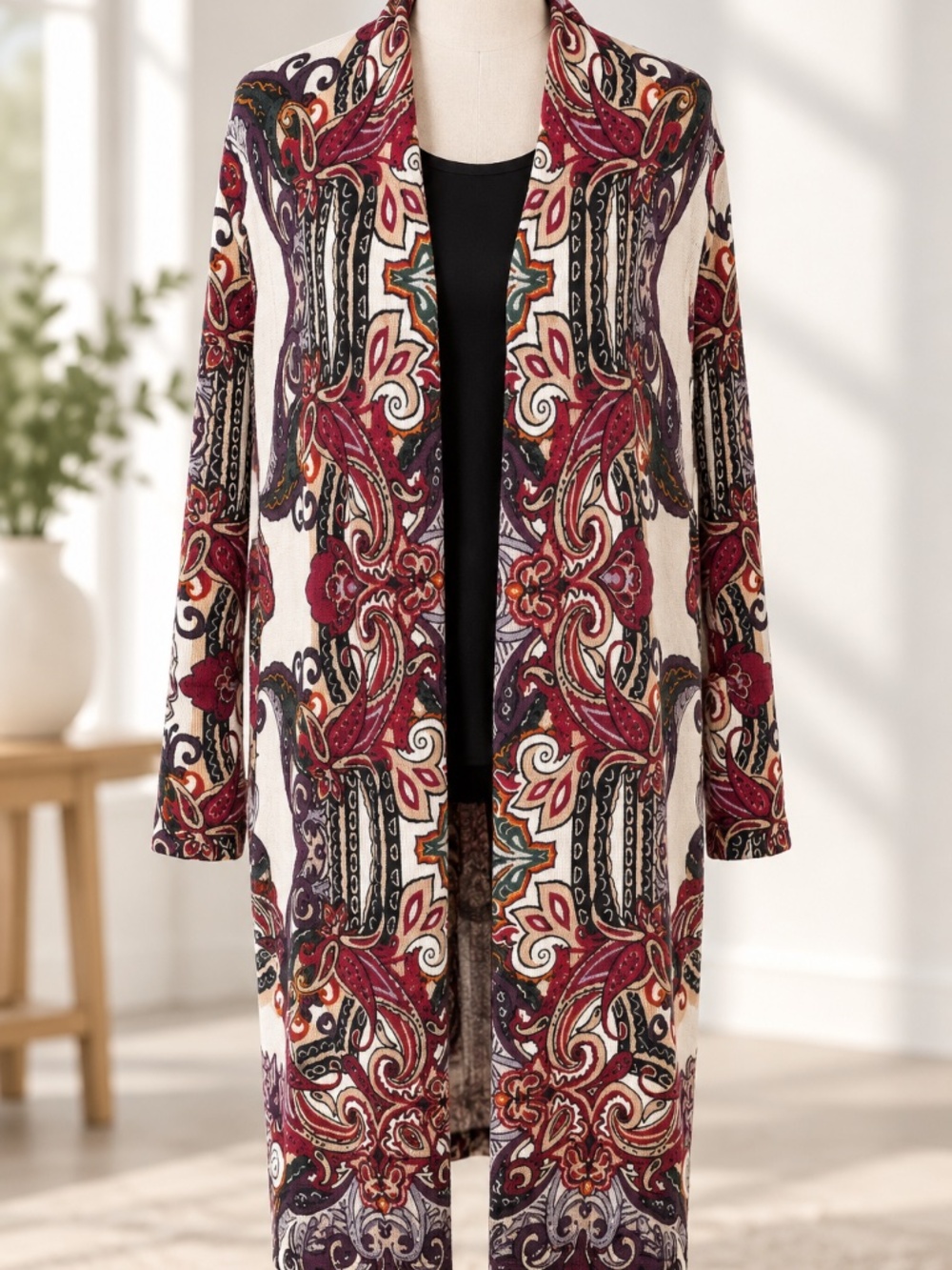 Chico's Multicolor Paisley Cotton Blend Long Cardigan/Duster Size 2